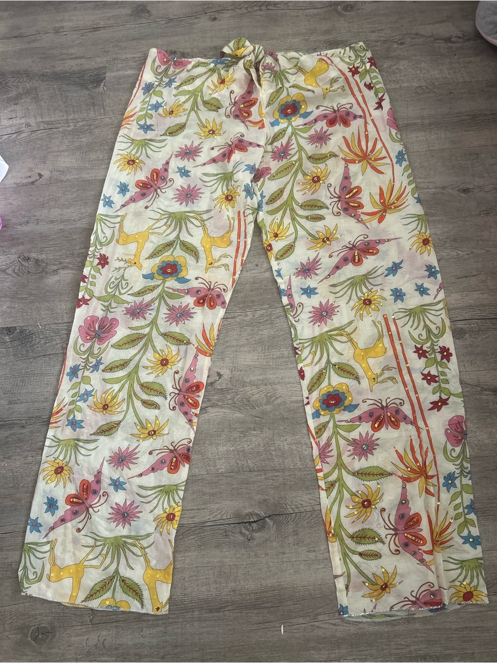 Wide Leg Floral with sequence Pants L 100% silk